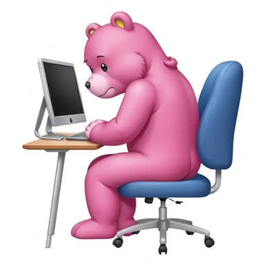 Pink Care bear sad in suit back view, sit on a chair, working on a computer, with a big desk sticker