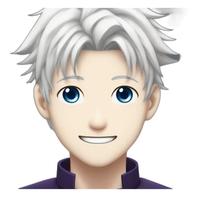 Satoru Gojo with his blue eyes,long medium white hair, a big friendly smile, dark violet uniform from jujutsu kaisen sticker