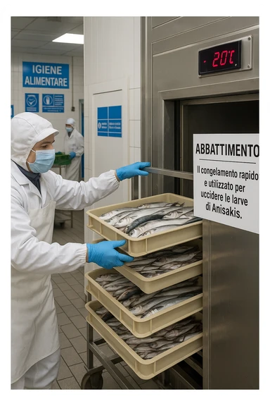 a fish processing facility where freshly caught fish are placed on trays and moved into a large industrial freezer. A temperature gauge shows -20°C, and an educational label explains that rapid freezing (abbattimento) is used to kill Anisakis larvae. The background includes workers in protective clothing and clear signage about food safety. in italiano sticker