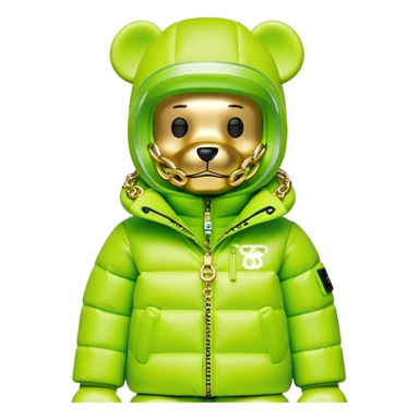 professionally designed bearbrick collectible with precise proportions, lime green balaclava with seamlessly integrated reflective visor lens, high-end branded puffer coat with rich fur collar and prominent designer logo, detailed gold chains, hypebeast aesthetic sticker