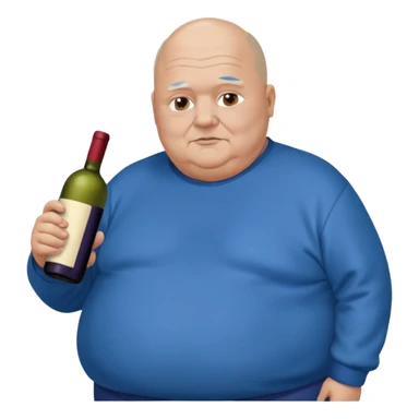 Morbidly obese older man dark hair starting to bald with blue sweatshirt holding bottle of wine sticker