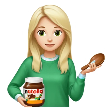 Blond woman with white and green pullover holds in one hand a big carriage of Nutella and in the other hand a oversized spoon which is inside the jar of Nutella. Her hair is long. And the Nutella jar is very big sticker