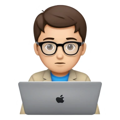 Junior IT Specialist with small laptop, glasses, looking inexperienced, with basic coding skills sticker