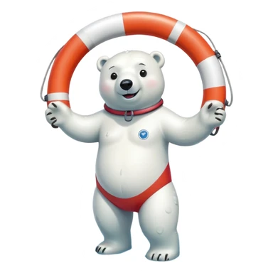 full body friendly anthropomorphised polar bear smiling wearing colorful swim suit and scuba goggles holding red and white life buoy standing in small puddle sticker