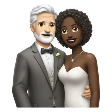 A pale white man with grey hair and with a goatee has just married, with a black woman with shoulder length curly 
brown hair and a brown complexion. They have a lot of money. they are hugged sticker