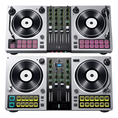 Create a professional and technical emoji that represents remixing music. The design should feature a high-end DJ controller, turntables with vinyl records, and a sound mixing console with faders to symbolize the technical aspects of remixing. Include elements like studio headphones and a laptop or digital audio workstation (DAW) screen to reflect the tools used in music production. Use colors like black, silver, and neon accents to convey the professional, high-tech nature of remixing. The background should be transparent. sticker