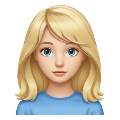 jeune femme de 20 ans, blonde avec une raie au milieu et une frange rideau encadrant le visage. Cheveux longs, lisses sur le haut et légèrement ondulés avec de belles boucles souples sur les pointes. Yeux bleus clairs lumineux, regard doux et naturel. Teint frais et peau lumineuse. sticker