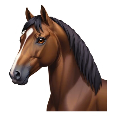 Cinematic Noble Bay Horse Portrait Emoji, Poised and regal, with a strong, athletic build and a rich, well-groomed bay fur accented by a dark mane and tail, deep-set soulful amber eyes, Simplified yet sharp and sophisticated features, highly detailed, glowing with a warm, dignified glow, high shine, intelligent and majestic, stylized with an air of equine elegance, focused and attentive, soft glowing outline, capturing the essence of a watchful and confident steed, so majestic it feels as though it could gallop out of the screen with effortless authority! sticker
