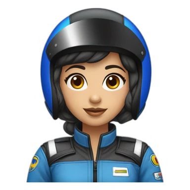 Piloto mulher de kart morena com macacão da cor preto com detalhe azul escuro e capacete cor branca com detalhe azul escuro sticker