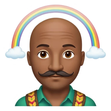 Oxumarê as a happy 37-year-old bald man with very dark skin tone, smooth oval head, indigenous facial features, mustache with circular beard only on chin (no hair on sides), a round mole on the right side below the lip, accompanied by a rainbow serpent, Memoji style sticker