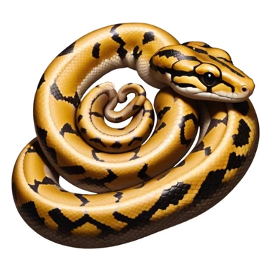 A photo-realistic top-down view of a Ball Python gently coiled into a tight spiral, with its head resting peacefully at the center. Its scales are warm brown with bold, irregular black markings, including the distinctive “alien-head” pattern, flowing smoothly along its body.  sticker