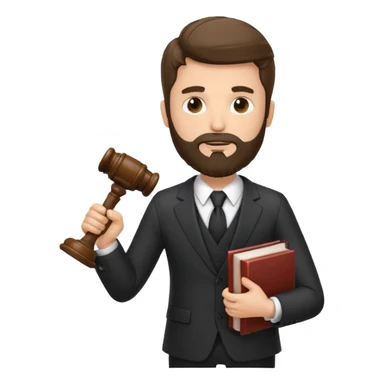 Create a male lawyer. he is wearing a fromal suit jckeret. He is holding a gavel in one hand and a book tucked under his another arm. He has beard. And the hair is kinda darker but not black sticker