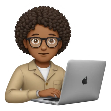 Black man with curly hair and glasses focused on a laptop, emoji style sticker