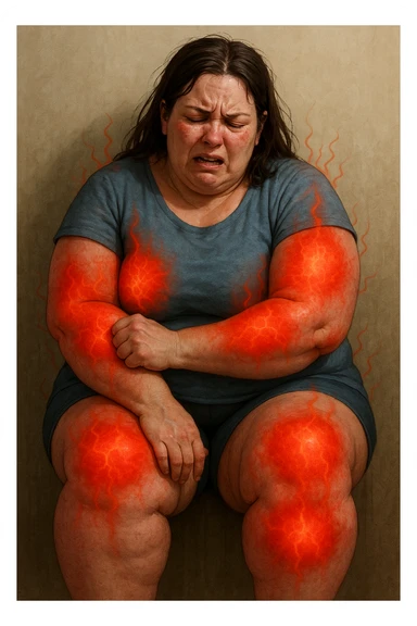 "Woman with lipedema experiencing constant burning and aching pain in disproportionately swollen legs and arms, pain radiating through enlarged fat deposits shown as red heat signatures, expression of chronic suffering and exhaustion, normal daily activities becoming torture due to inflammatory adipose tissue, pain levels fluctuating unpredictably throughout the day" scritte in italiano sticker