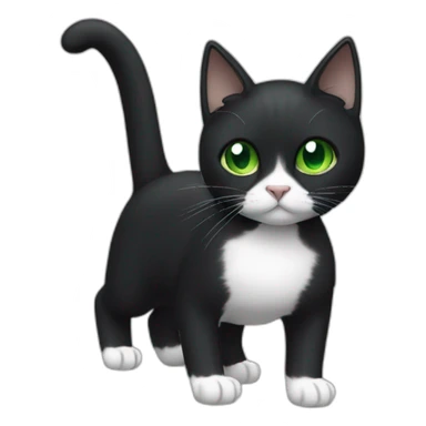 A black cat with green eyes with a white mustache, a white stripe on its nose, a full-length white breast and white paws sticker