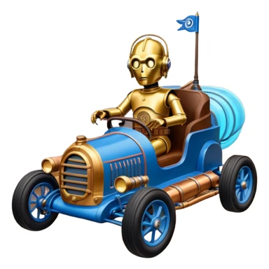  tarnished blue neon underglow C-3PO ghost buster 1964 delicately ornate rosegold wood barrel accents Model-T bucket powered by electric motors and batteries with racing safety belts while flying rapidly roughening terrain stable on strong agile advanced suspension and steering sticker