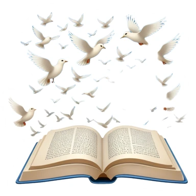 Icon for Poetry Reading: an open book with verses on the pages, from which fly pages transforming into a large flock of small white birds soaring into the blue sky. The icon should evoke the freedom and beauty of poetry. Transparent background. sticker