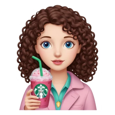 make an emoji of a loose curly brunette, blue-eye girl, wearing light pink drinking a strawberry acai refresher from starbucks sticker