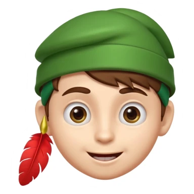 A cute 3D emoji head of a mischievous cartoon boy, fair skin, big expressive eyes, thick eyebrows, smiling with a slightly open mouth, brown hair, wearing a green pointed cap with a red feather, smooth sticker