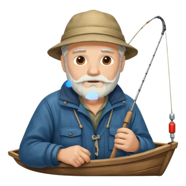an old white haired, bearded man in fisherman attire, sat in a big boat on the ocean, casting a fishing line into the water sticker