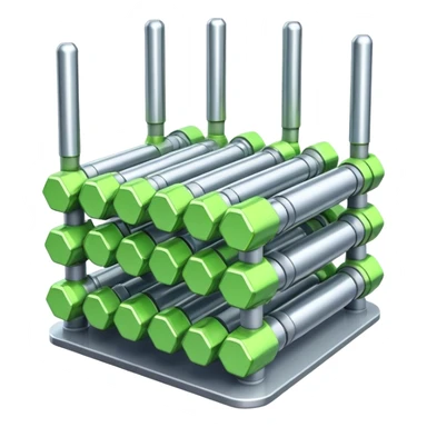 A bundle of uranium fuel rods used in a nuclear reactor, with a metallic structure and cylindrical rods, arranged in a hexagonal grid, futuristic and industrial style sticker
