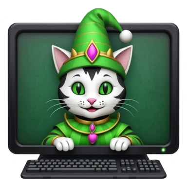 mac os icon code computer retro terminal, black, green white, fantasy court jester cat draw as ASCII code inside the terminal sticker