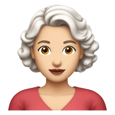 She has soft features, fair skin, and almond-shaped eyes. Her defined eyebrows and natural pink lips frame her face. Her dark, wavy hair is partly tied back, giving her an elegant yet relaxed look.  She wears a red V-neck long luxurious dress. White skin. sticker