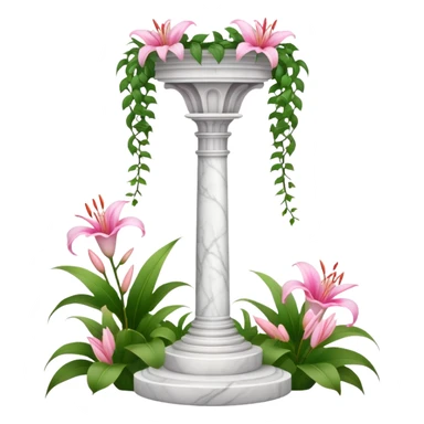 White tall marble pedestal with vines growing and pink lilies, beautiful romantic scenery  sticker