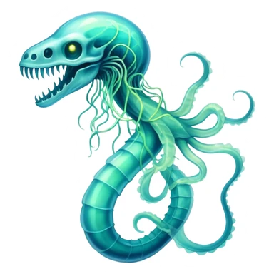 A phosphorescent deep-sea serpent with translucent scales that reveal its glowing skeleton, possessing both jellyfish-like tendrils and the ability to generate electrical pulses that illuminate the ocean depths. sticker