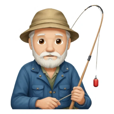 an old white haired, bearded man in fisherman attire, sat in a big boat on the ocean, casting a fishing line into the water sticker