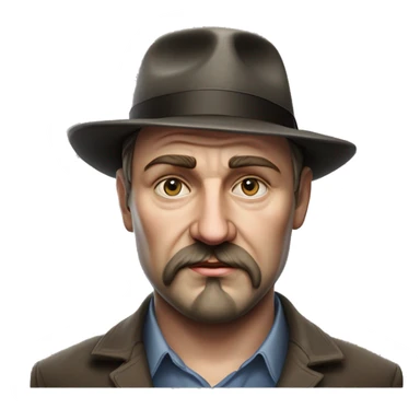 Russian writer Alexander Kuprin Photorealism A plump serious man of Slavic appearance with Small eyes with goatee beard and mustache, with a  short haircut, big detailed face, wrinkled face, wearing a fedora hat sticker