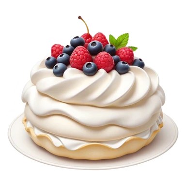 Cinematic Realistic Pavlova Dessert Emoji, showcasing a delicate meringue dessert topped with fresh fruit rendered with lifelike texture and soft natural lighting. sticker