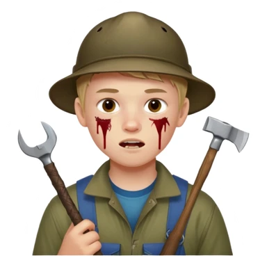 13 y/o Brian robeson at the beginning of Hatchet
determined, has hatchet, self-reliant, observant survivalist, berry juice on mouth, bug bites on face, white boy sticker