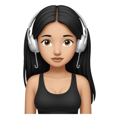 a fair indian girl with straight black long hair, wearing a black cami top. and wearing silver airpods max headphones on sticker