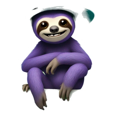 Purple sloth sitting on a banana tree wearing a bowler hat that is turquoise with an evil smile face  sticker