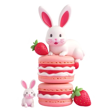 A 3D macaron with a strawberry on top and a bunny peeking out, pastel colors sticker