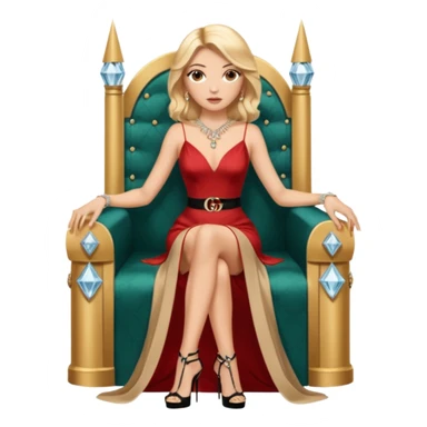 Lilith symbol light brown eyes. Woman of justice and power. Shoulder  length blonde haired  woman with Gucci, and designer bags next to her. Wearing long elegant dress with slit, sitting on a throne and diamonds everywhere around her. Black Platform high heels on feet. designer bags around her.  sticker