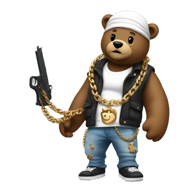 Bear wearing a durag with a white tank top and jeans and Jordan’s with a pistol in his hand and a big gold chain  sticker
