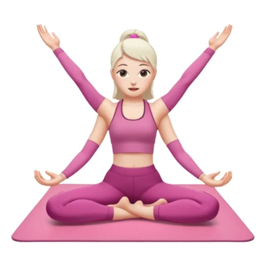 a pretty 20-year-old woman with white skin doing stretching on a pink yoga mat, iPhone memoji style sticker