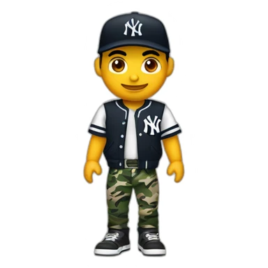 Crea un muchacho rockero, con pantalón camuflageado y una playera negra de NY yankees, con cabello rizado, brazos tatuados y un letrero que diga tichobboy sticker