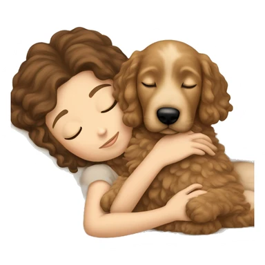 White girl brown hair sleeping with golden doodle puppy  sticker
