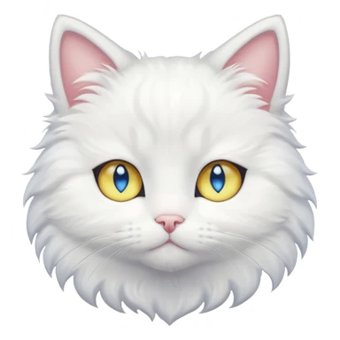 Make me a cute white fluffy cat anime style with one blue eye and one yellow eye, make the eyes big kawaii style sticker