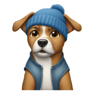 Dog with baggy jeans and blue tanktop with a beanie sticker