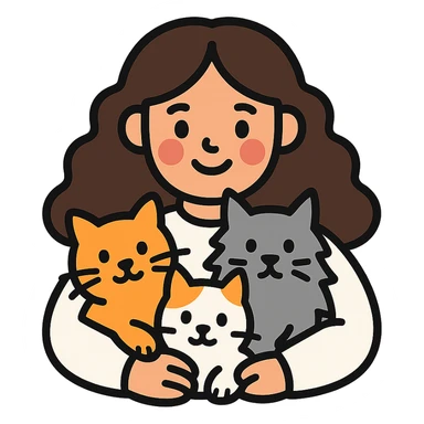 a girl with long dark brown curly hair, wearing a white sweater, hugging an orange cat, a grey Maine Coon, and a white cat with spots, color outline icon style sticker