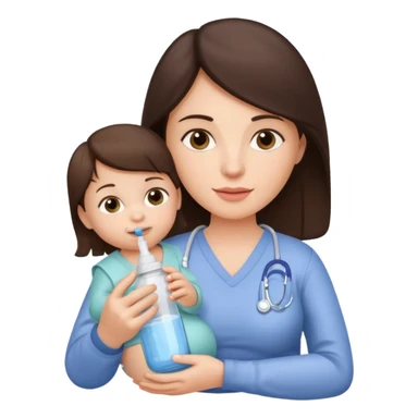 Brunette Mother holding a baby bottle with milk and a vaccine syringe sticker
