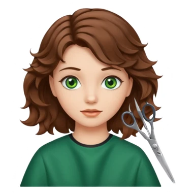 Girl with green eyes and brown wavy hair getting haircut with scissors sticker