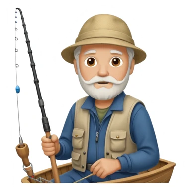 an old white haired, bearded man in fisherman attire, sat in a boat at sea, holding a fishing rod, with the end of the fishing line in the water sticker