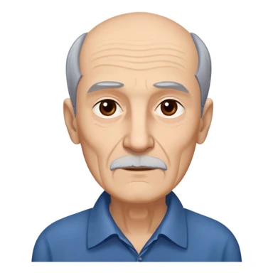 Elderly thin man with light skin. Narrow face with visible cheekbones and jawline. Signs of aging with some wrinkles. Expressive dark brown eyes, thick eyebrows. Short brown hair with receding hairline. Untidy brown beard with some gray strands. Wearing a dark blue shirt. sticker
