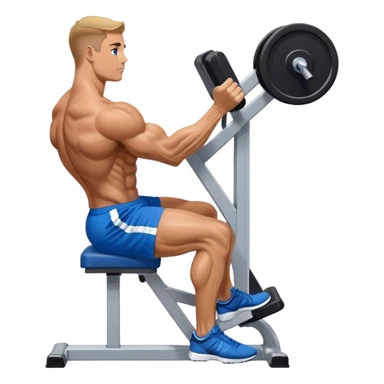 side-view bodybuilder in blue shorts seated weighted calf-raise machine lower leg exercise sticker