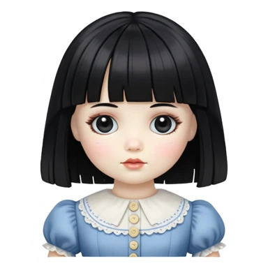 porcelain doll with white skin, black hair that has bangs and button eyes. she is wearing an old dress sticker